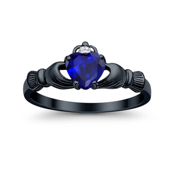 Irish Claddagh Heart Promise Ring Black Tone, Simulated Blue Sapphire CZ 925 Sterling Silver